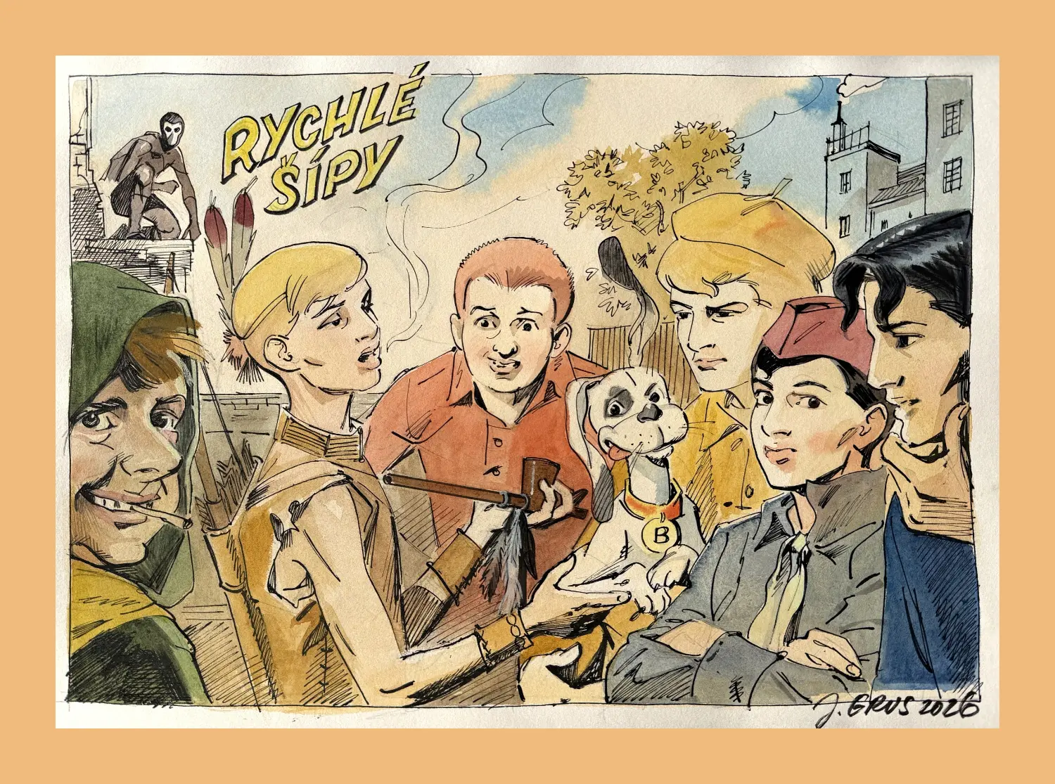 Rychlé šípy a kalumet A. V. Friče — obraz Jiřího Gruse, kvaš, 2026